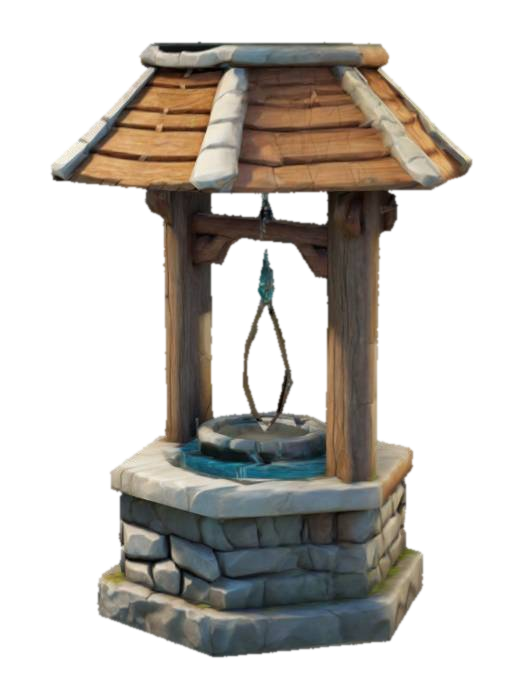 Model 3D stylized wishing well, fantasy style, stone and wood, low poly, mesh only, dijana oleh AI