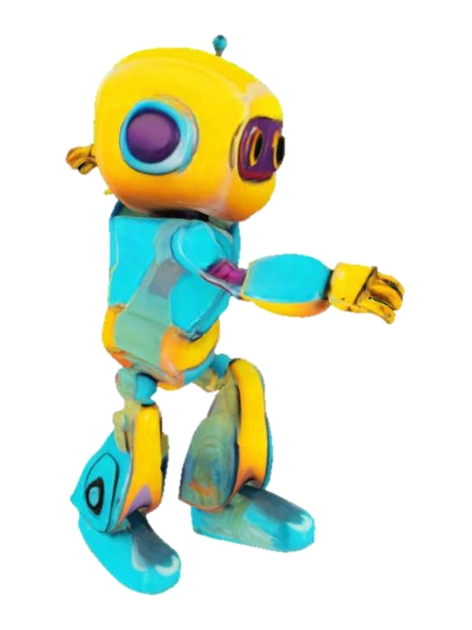 3D model for Generate a 3D model of a small, cute humanoid robot with mechanical arms and legs. The robot should have expressive eyes and a minimalistic design. Use colorful textures to emphasize the smooth metal surfaces and mechanical joints.