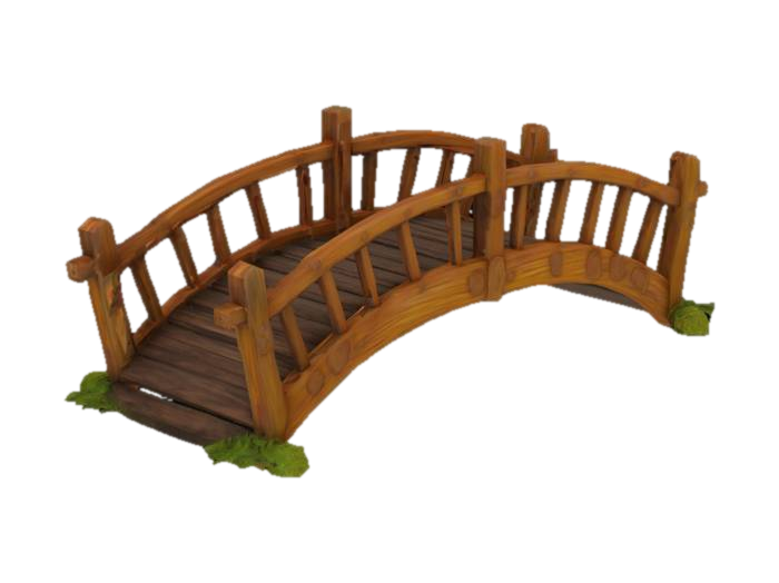 A realistic Wooden Garden Bridge. Thick, bold textures. Bold embossed features. Deeply etched… 3D model, vytvořený pomocí AI