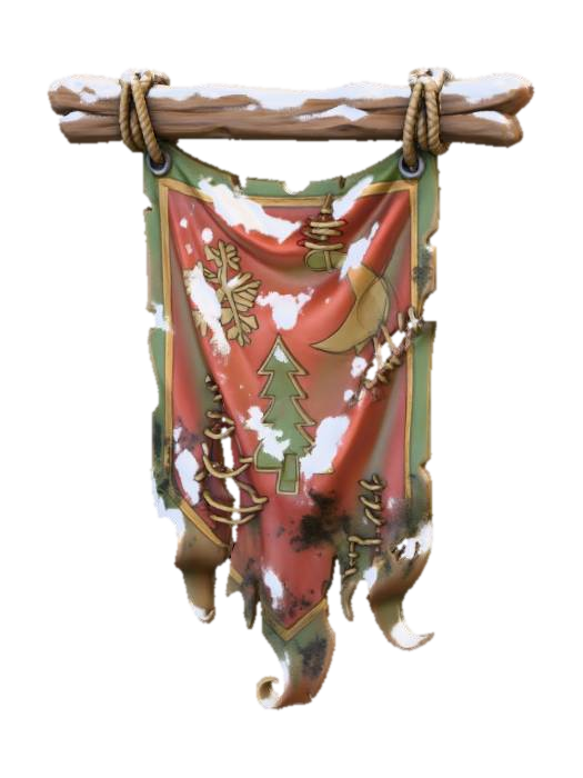 Modèle 3D A stylized torn Christmas banner hanging from a wooden pole. Faded fabric, frayed edges, stitched…, généré par IA