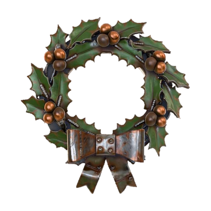 3D model for A stylized PBR 3D game asset, an industrial metal Christmas wreath. The holly leaves are sharp, cut sheet metal plates painted dark green, with heavy rust and visible weld marks. The red berries are oversized copper rivets and rusty ball bearings. A "bow" made of folded scrap metal sheet is at the bottom. Sharp edges, heavy industrial texture, hand-painted metal wear.