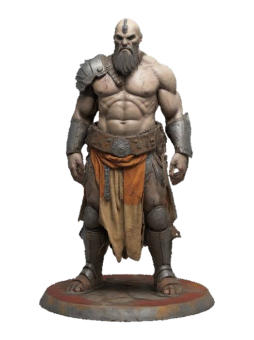 Warhammer, Giant warrior Figurine, standing in a dynamic pose on a large round dusty base,… 3D model, vytvořený pomocí AI