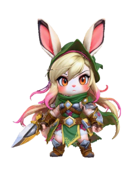 3D model for A 3D image of a chibi-style female rabbit adventurer, heroic fantasy pose, detailed stylized attire, big expressive eyes, small mouth, thick and bold details, vibrant yet color palette, optimized for 3D printing, highly detailed stylized textures.