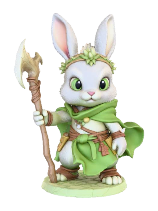 3D model for A 3D image of a chibi style Dungeons & Dragons male rabbit druid, holding a simple wooden staff, attack pose, wearing robes and leather sandals, cute features including large eyes, small mouth and nose, highly stylized, highly detailed, bold and thick details optimized for 3D printing. Green background.