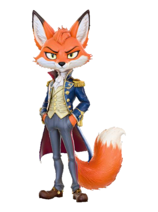 3D model for A 3D image of a chibi-style
tall, thin male fox dressed in American civil war attire, elegant pose, highly stylized, thick and bold details, white background.