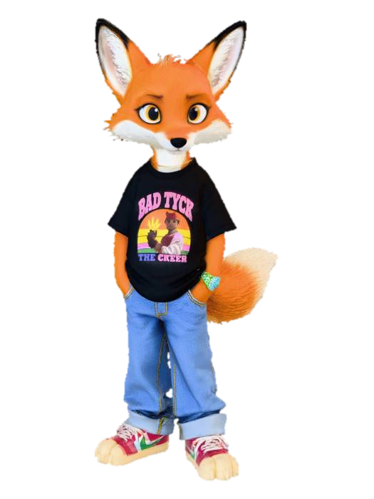 3D model for A 3D image of a chibi-style
tall, thin male fox dressed in 1990's casual attire, casual pose, highly stylized, thick and bold details, white background.