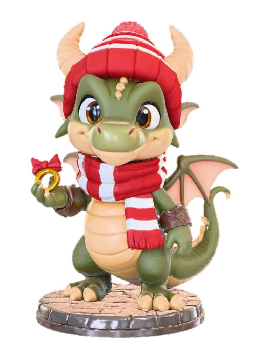 3D model for A 3D image of a chibi-style Dungeons & Dragons dragon adventurer wearing a striped knitted stocking cap and scarf, standing on a round cobble-textured base, holding a gold ring with a red bow, cute features including large eyes, friendly smile, long reptilian tail, highly stylized, thick and bold details optimized for 3D printing, solid colored background. #Christmas2025#