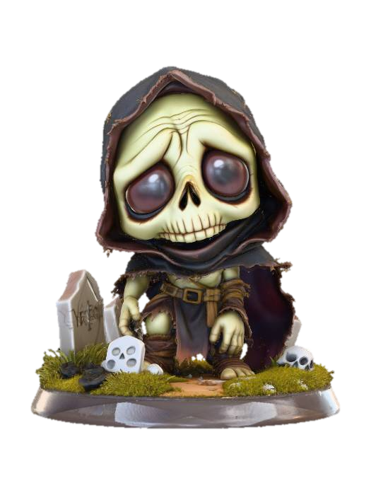 3D model for A 3D image of a chibi-style Dungeons & Dragons undead body recently raised from the grave wearing detailed dirt-stained ragged medieval clothing, large eyes, slumped forward pose, standing on a round graveyard themed base, highly stylized, bold and thick details, solid colored background.