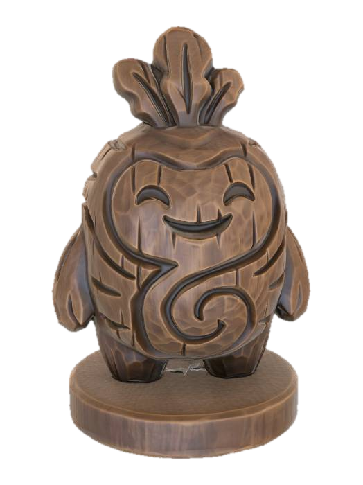 3D model for A 3D image of a simple wooden carved Japanese turnip spirit shape, chunky, roughly carved, standing on a round base. Thick and bold details. Deeply etched and embossed details. Solid colored background.