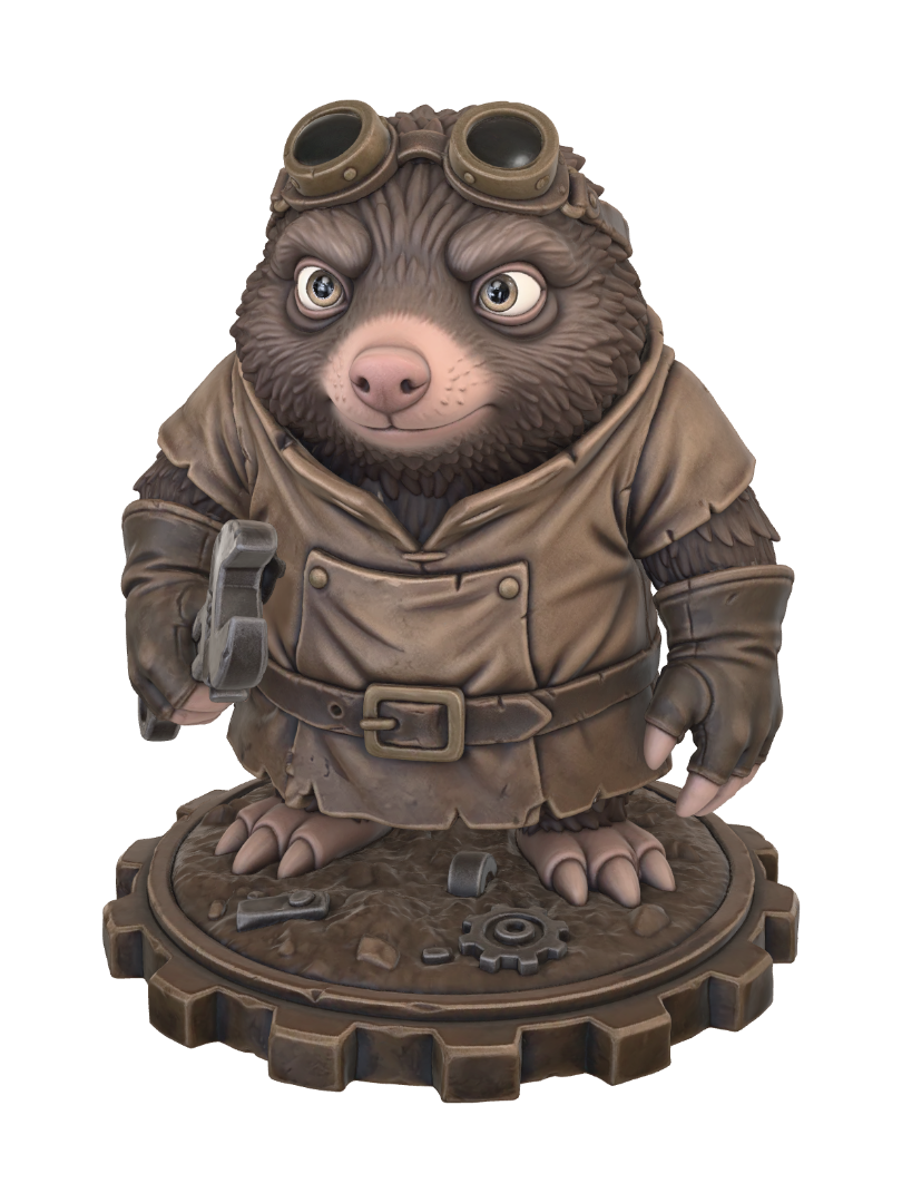 A 3D image of a realistic mole artificer wearing goggles and a tunic and holding a wrench.… 3D model, vytvořený pomocí AI