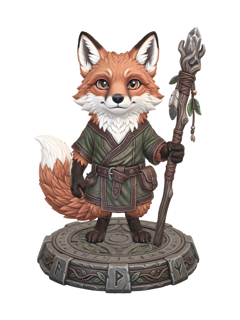 Fox Runekeeper 3D model, vytvořený pomocí AI