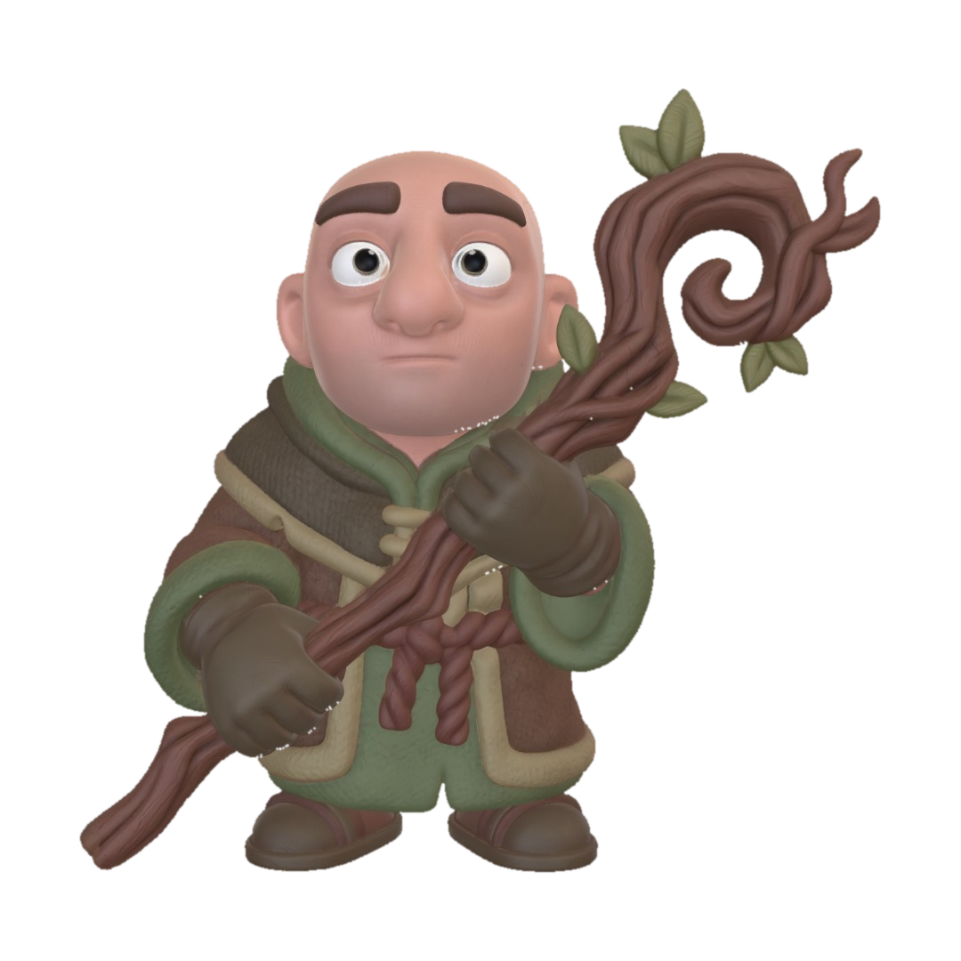 3D model for A 3D image of a Pixar-style full-length Dungeons & Dragons male druid wearing plain robes and holding a gnarled wooden staff. Large eyes and slightly enlarged head. Thick and bold details optimized for 3D printing. No angles over 40°. No base. The background should be a single color with no additional details.