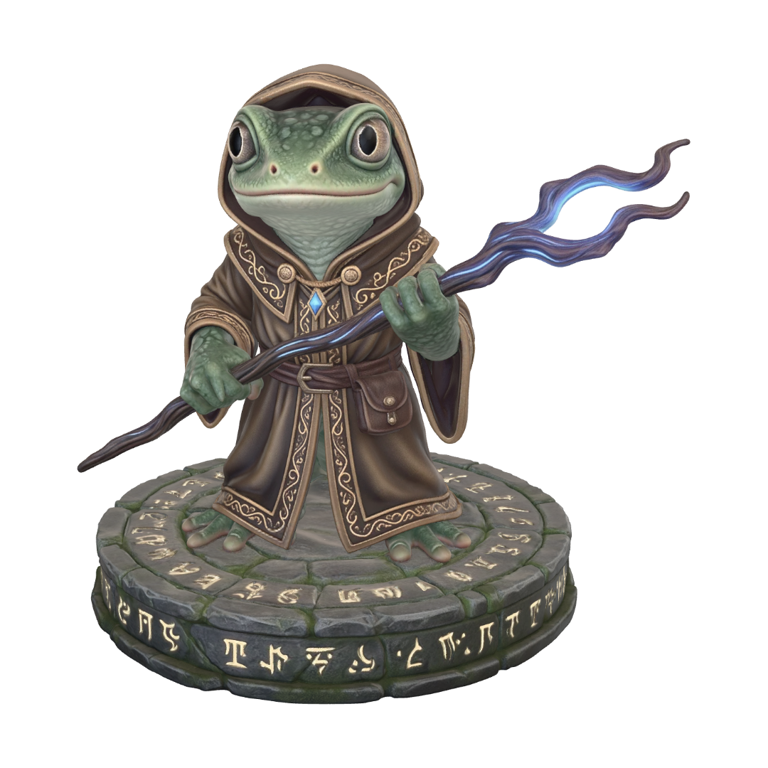 A 3D image of a realistic newt adventurer wearing robes and casting a spell. Oversized eyes,… 3D model, vytvořený pomocí AI