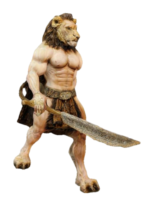 #fashion show#, vicitorian lion male warrior, t-pose, warm and sepia tone 3D model, vytvořený pomocí AI