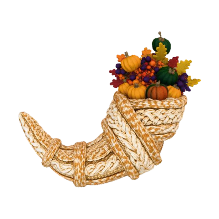 3D model for A luxurious knitted scarf, designed as an oversized, elongated **cornucopia**, symbolizing abundance. It begins narrowly and gradually widens, beautifully textured with cable and seed stitches in a blend of rich cream and earthy brown wool. The wide end is artfully filled with small, densely knitted **berries, gourds, and autumn leaves** in vibrant seasonal colors. #Thanksgiving#