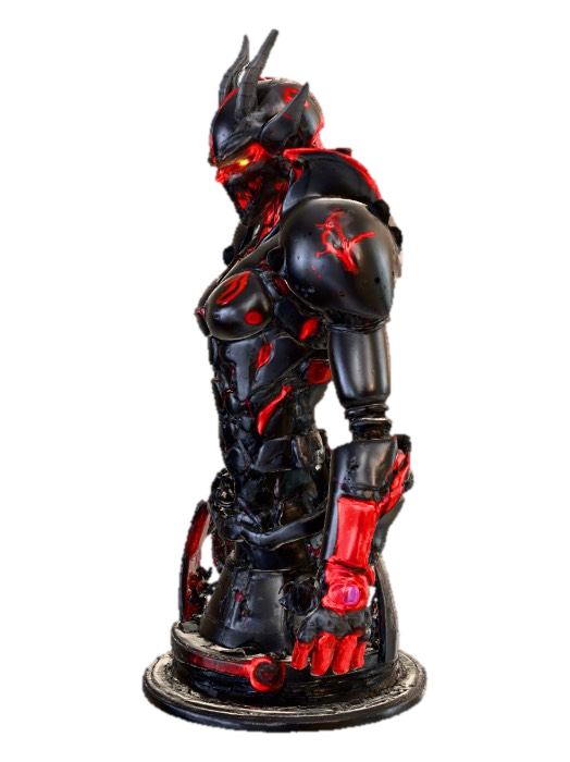 Demonic-style bipedal assault mecha with Oni-inspired mask helmet, glowing red eyes, sharp… 3D model, vytvořený pomocí AI