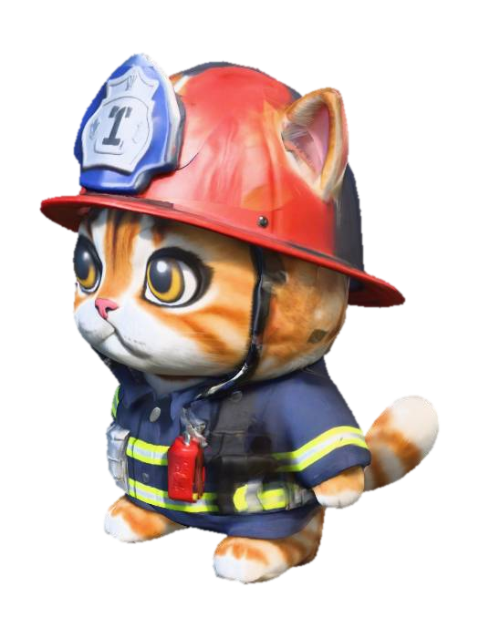 3D model for chat mignon, tenue de pompier, casque, Animal Crossing,, Tissu, Ultra réaliste, Très détaillé, Assis
