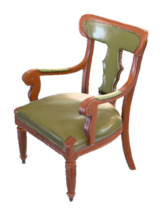 3D model for A vintage / neoclassical wooden armchair with a continuous curved backrest and scroll-shaped arms. Dark brown solid wood frame with natural wear and visible grain. The seat is olive-green aged leather trimmed with bronze nailheads. Front legs are turned and fluted; rear legs slightly splayed. Hyper-realistic materials and details, soft directional lighting, seamless dark gray/black background, single product shot, sharp focus, 8K.