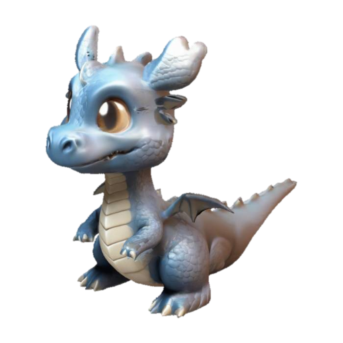 3D model for Generate a 3D-printable STL model of a chibi dragon with a playful pose. The design should include a flat base, no overhangs requiring supports, and exaggerated features like a large head and small body. Ensure the wings are connected to the body and simplified to avoid thin edges or unsupported areas.