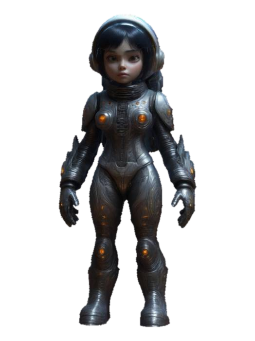 3D model for Stylized, Beautiful Space girl with the aesthetics and appearance of Pixars characters, dressed in a space suit with intricate textures and reliefs, highly ornamented in the style of Giger, she beautiful, is posing in a captivating way, highest mesh details, smooth lighting, vibrant colors, slick design, ultra hi res textures