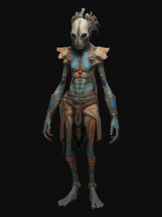 "Elongated, thin , tall humanoid blue skinned alien sci fi shaman with ...