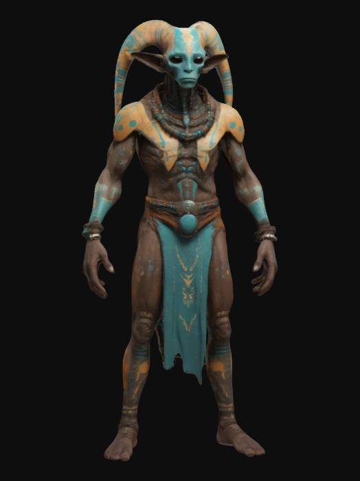 "Elongated, thin , tall humanoid blue skinned alien sci fi shaman with ...