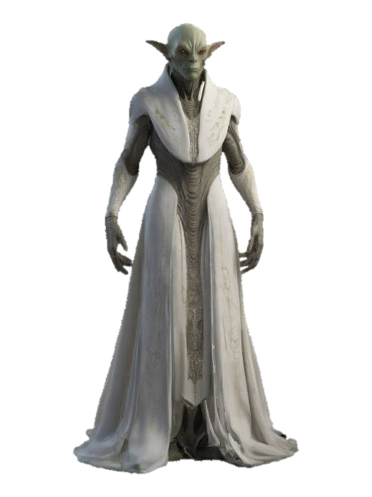 3D model for sci-fi elder humanoid alien space wizard, wise man, eremit. tall elongated body, noble attitude and noble white clothes patterns inspired by vermer panton, , graceful body shapes with silky skin, extremely detailed, high resolution texture, epic attitude, science fiction