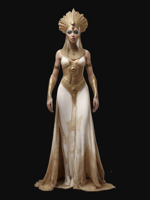 "beautiful, very tall alien noble woman, diva queen, in flowing iconic ...