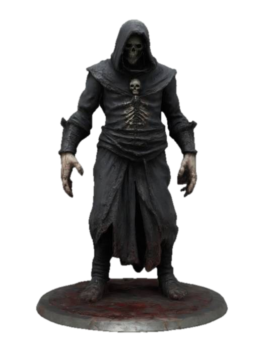 3D model for Masterfully crafted figurine of a Cursed Chromovnik, Grim Soul, Dark Lord, highest details, high res textures, well lit, natural colors , distressed surfaces, a lot of wear and tear, on a small round base, epic stance