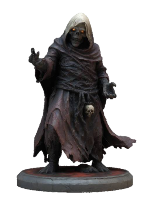 3D model for Masterfully crafted figurine of a Cursed Chromovnik, Grim Soul, Dark Lord, highest details, high res textures, well lit, natural colors , distressed surfaces, a lot of wear and tear, on a small round base, epic stance