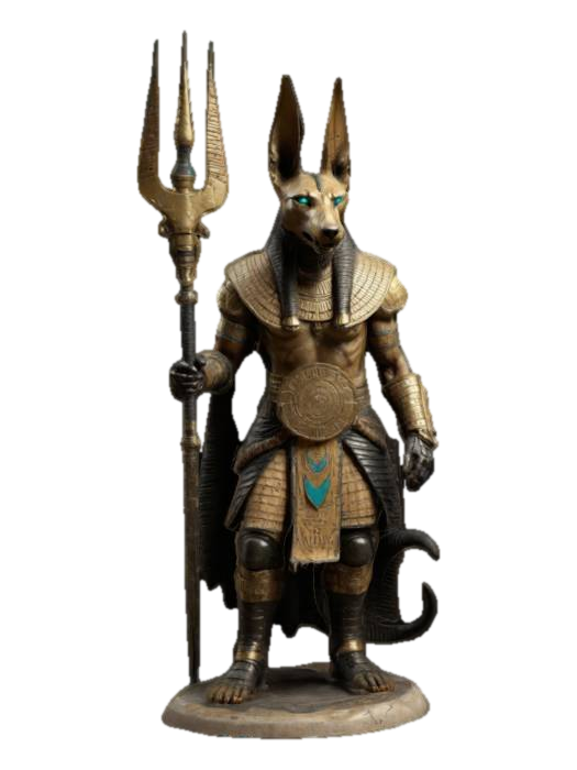 3D model for masterfully crafted figurine of Egyptian, Anubis, Jackal Warrior, in medium heavy layered plate and leather armor, distressed textures, battle worn, egyptian style, ultra realistic. well lit, standing on a small round dusty base, epic pose, highest mesh details , hi resolution textures, master piece