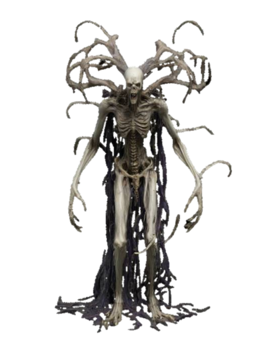 3D model for masterfully crafted figurine of tall and slender death god entity, ancient one, pure chaos, abomination, emaciated, bones, horror eldritch, highest details, despair, chaos, disruption, disruption, disruption!!, fierce menacing, ultra realistic, disturbing, ancient one from the deepest depths of insanity