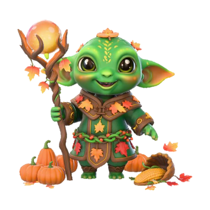 3D model for create a stylized medieval thanks giving chibi alien druid, stylized, well lit, natural but vibrant colors, on decent neutral background #Thanksgiving##Thanksgiving#