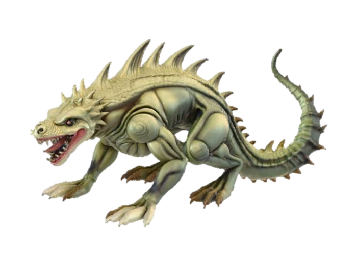3D model for High detail, Saw toothed monster, posed on a rocky terrain.