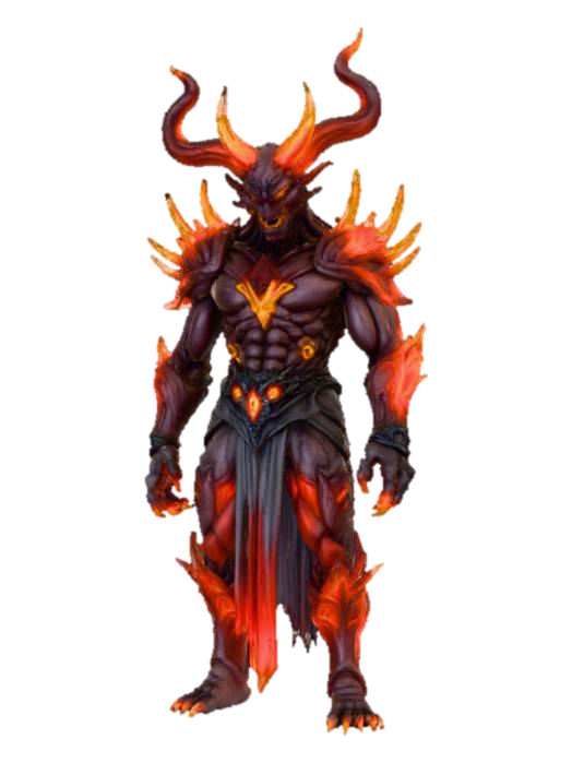 3D model for High Detailed, Fantasy, Thousand Eyed Demon King, standing on a hellfire landscape base.