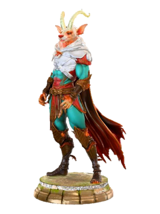3D model for High detail, Fantasy, Fey Creature, wearing high detail adventurer clothes, standing on high detailed base, in action pose.