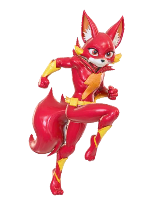 3D model for High deatil, The Flash, as an anime fey fox, posed on a theme oriented detailed stand.