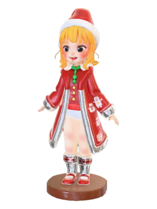 3D model for High detail, anime character, wearing christmas outfit, posed joyfully, standing on wooden stand.