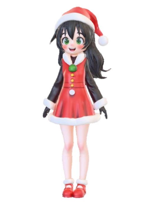 3D model for High detail, anime character, wearing christmas outfit, posed joyfully, standing on wooden stand.