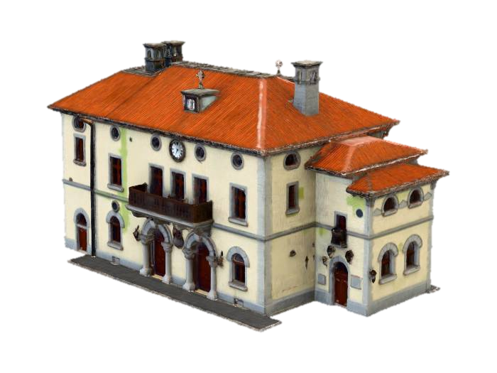 3D model for Large two-story stone town hall building, arched entrance door, small balcony above, clock face on the facade
, historic stone architecture, mossy ancient stone walls, terracotta tiled roofs, cobblestone textures, medieval European town vibe, ironwork details, realistic game asset, 4k pbr textures