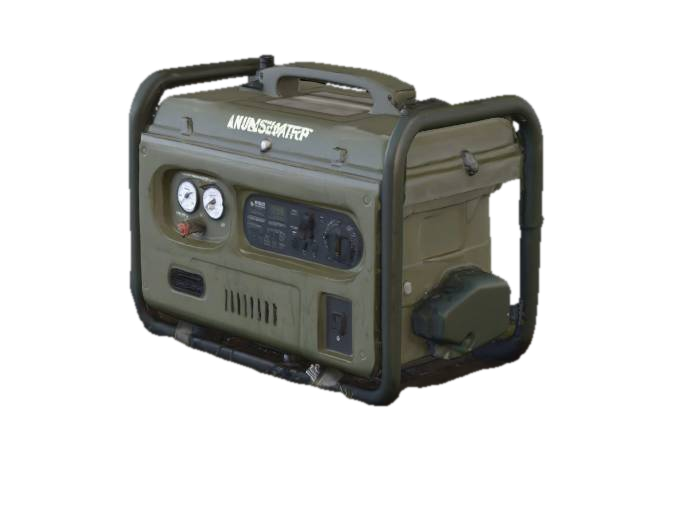 Portable gas generator sitting in the mud, with cables running into a tent, dense forest camp… 3D model, vytvořený pomocí AI