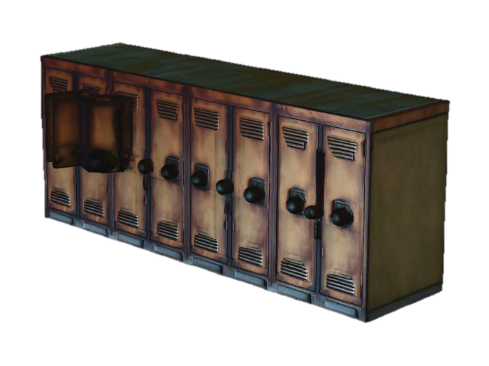 Row of rusty military lockers, some doors hanging off hinges, abandoned military bunker… 3D model, vytvořený pomocí AI