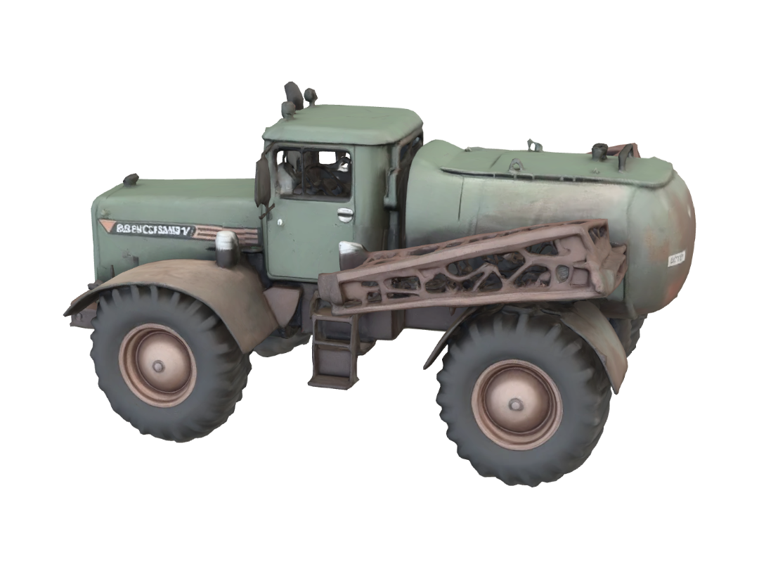 Heavy industrial crop sprayer vehicle, rustic rural farm setup, weathered red barn wood,… 3D model, vytvořený pomocí AI