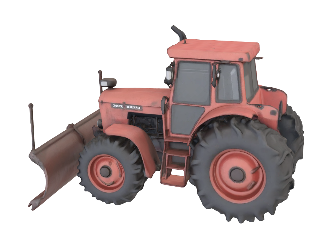 Large rusted tractor with a plow attachment, rustic rural farm setup, weathered red barn… 3D model, vytvořený pomocí AI