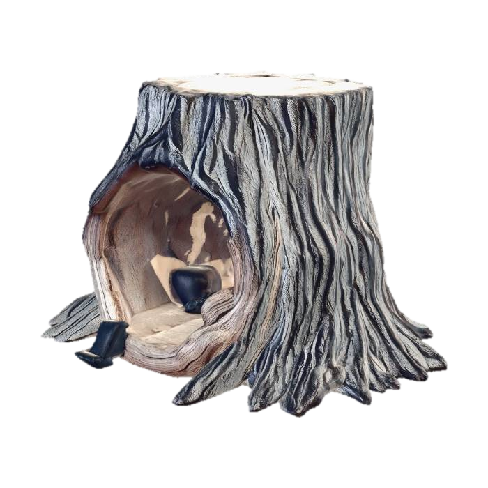 Hollowed-out tree trunk used as a secret hiding spot for weapons, dense forest camp style,… 3D model, vytvořený pomocí AI