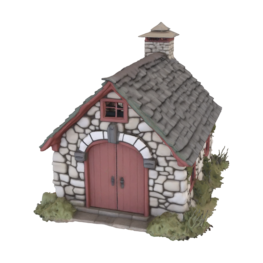 Rustic stone smokehouse and meat curing building, rustic rural farm setup, weathered red barn… 3D model, vytvořený pomocí AI