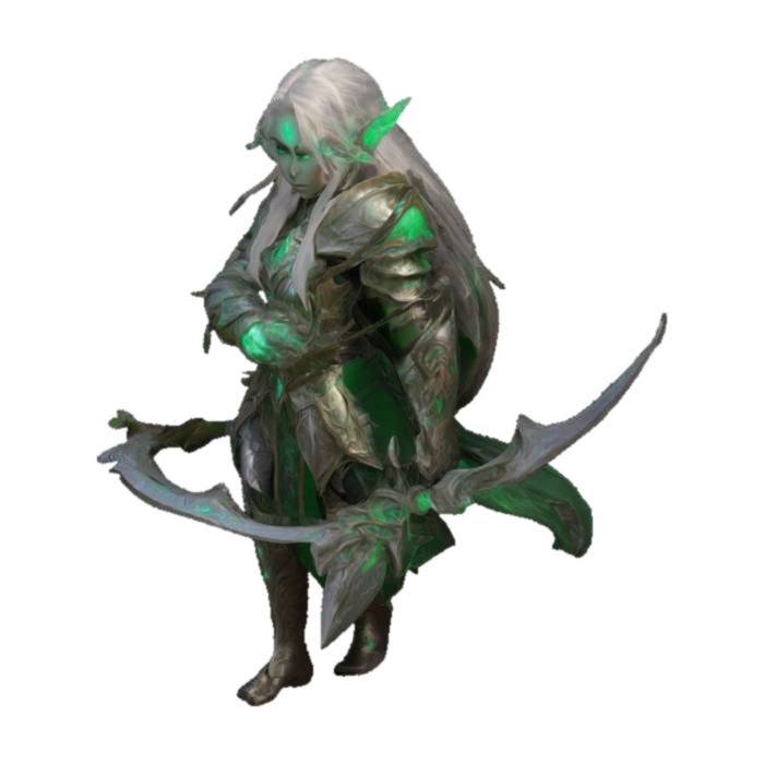 3D model for Highly Detailed, an elven warrior from World of Warcraft, with long flowing hair, glowing emerald eyes, and intricate battle armor adorned with arcane runes. He wields an elegant bow with glowing magical energy. His shoulder pads feature sharp, leaf-like designs, and his cloak billows in the wind. The backdrop is a mystical forest bathed in moonlight, emphasizing his regal and otherworldly presence. Dynamic and heroic pose, deeply realistic details