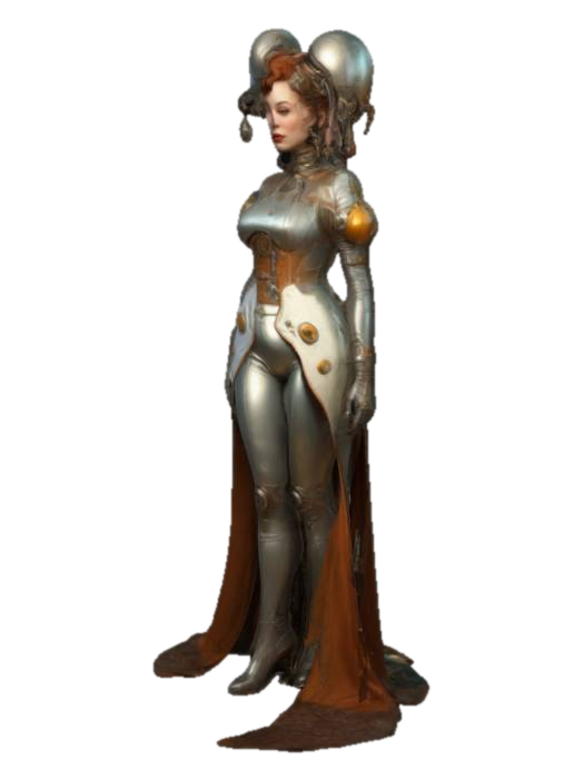 3D model for Bella y voluptuosa alquimista con ropas retro futuristas, estilo art nouveau, estética steampunk, cara bien formada con pómulos y nariz proporcionados, altamente detallada, hiperrealista, elementos art-decó y de ciencia ficción de los años 50