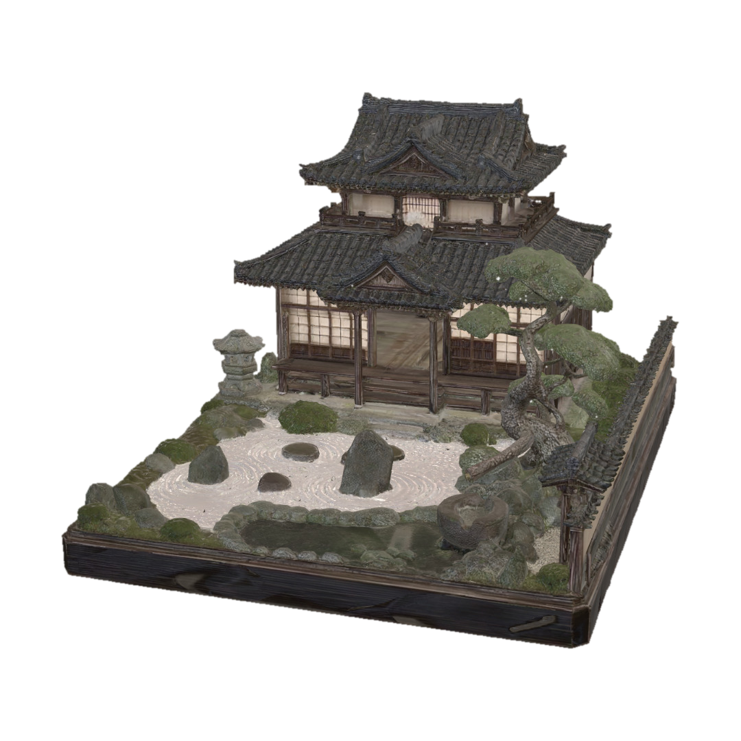 A meticulously crafted miniature diorama showcases a traditional Japanese house with open… 3D model, vytvořený pomocí AI