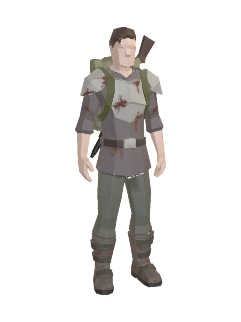 player character mesh, smooth low poly, primitive survivor, simple basic design and geometry 3D model, vytvořený pomocí AI